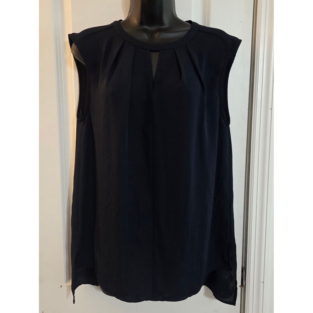 CeCe Navy Pleated Keyhole Sleeveless Blouse Flowy Light Weight